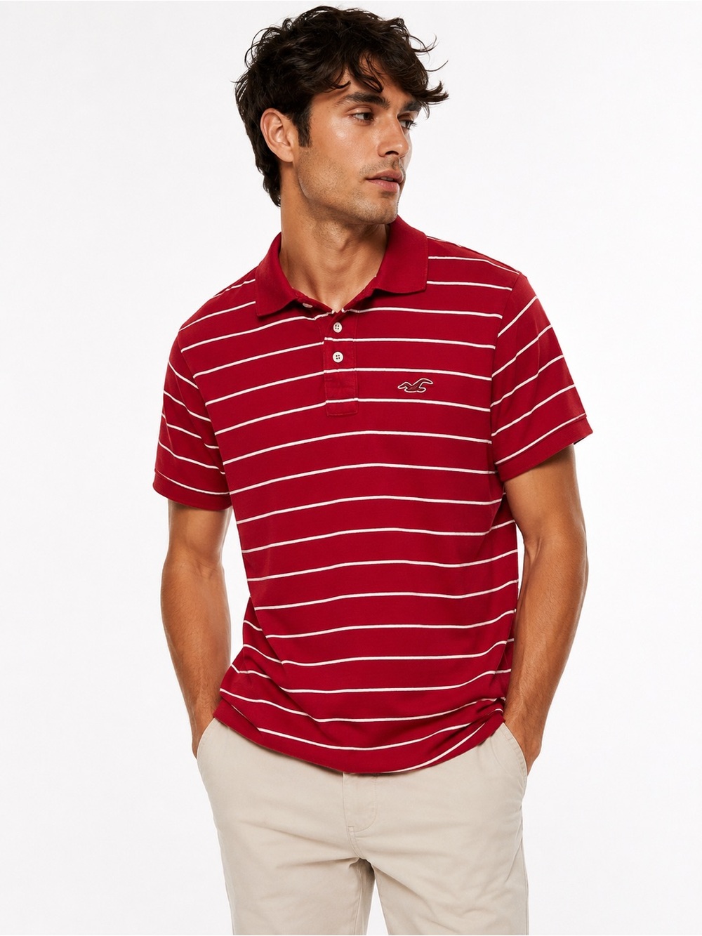 Hollister Men’s Red White Striped Y2K Preppy Piqué Polo Shirt Small